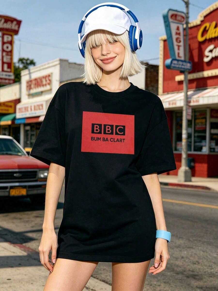 Vintage Women's White Y2K T-Shirt, 100% Cotton Soft Crew Neck Short Sleeve, 90s Retro Streetwear Oversized Top - Black - View 1