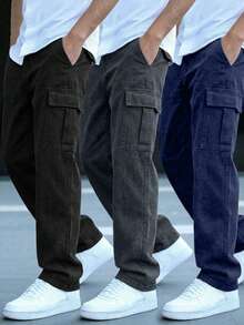 3pcs Tween Boys' Fashionable Solid Color Casual Loose Straight Leg Cargo Pants With Big Pockets, Suitable For Sports & Outdoor, Autumn/Winter - Black - View 9