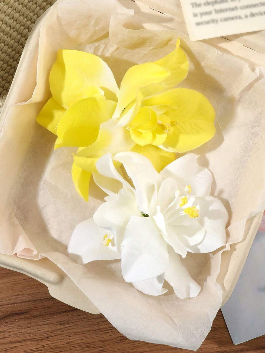 2件組白色與奶油黃花卉髮夾,側夾固定鬆散頭髮,編髮造型裝飾,復古新中式風格,溫柔清新優雅,輕奢高端,冷淡風,適合旅行、海灘、度假、攝影、野餐、派對髮飾,抓夾 - 彩色 - 查看 1