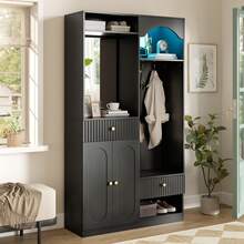Black 100 Cm Entryway Hall Tree In MDF With Mirror, Hooks And Bench - Black - View 9