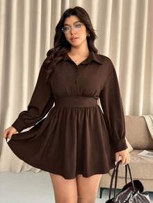Vionelle Vestido de cuello de camisa tejido de manga larga con cintura recogida de unicolor, talla grande, otoño/invierno - Café integral - Ver 4