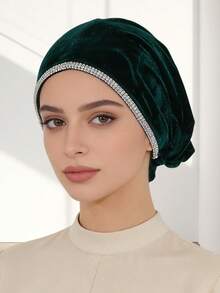 1 Peça Lenço Hijab Feminino de Veludo Dourado com Corrente, Strass Requintado e Faixa Elástica - Veludo Dourado Triplo Fileira Diamante Multicolorido - Visão 6