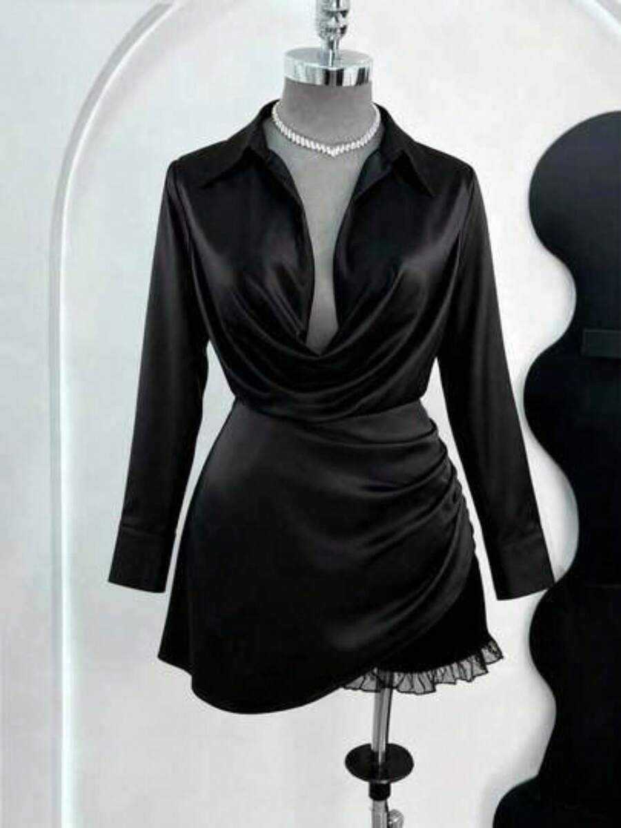 CURVE Vestido de fiesta de manga larga con cintura ceñida, cuello de camisa y silueta evasé, elegante y sexy - Negro - Ver 1