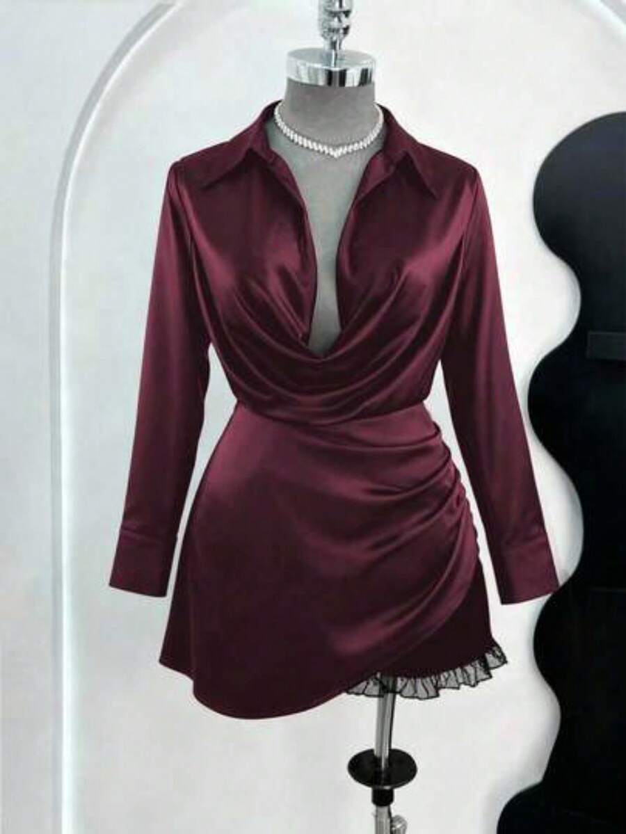 CURVE Vestido de fiesta de manga larga con cintura ceñida, cuello de camisa y silueta evasé, elegante y sexy - Burdeos - Ver 1