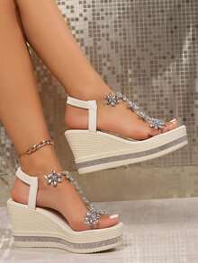 Summer Autumn New Wedge Heel Fashion Versatile Sandals Butterfly Pearl Decor - Beige - View 6