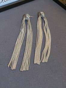 1 Pair Metal Style Copper Long Tassel Earrings For Women Banquet - Silver - View 2