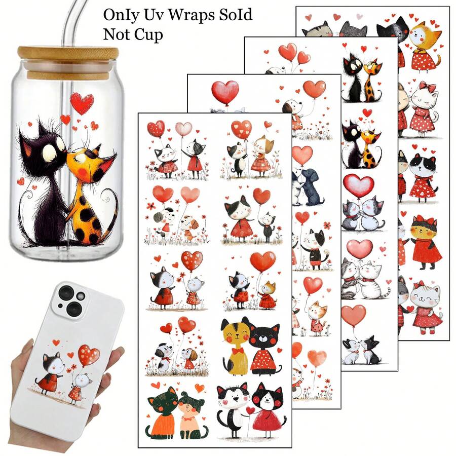 4 Stücke/Set Aquarell Valentinstag Herz Katzen Freundschaft Thema Muster UV Transfer - Für Basteln, Tassen, Laptops & Wasserflaschen, verzierte selbstklebende Kunststoff, Tassendekoration, Laptop, Feiertagsdekoration, festliche Designs, hochwertige Drucke, langanhaltend - Verschiedenfarbig - Übersicht 1