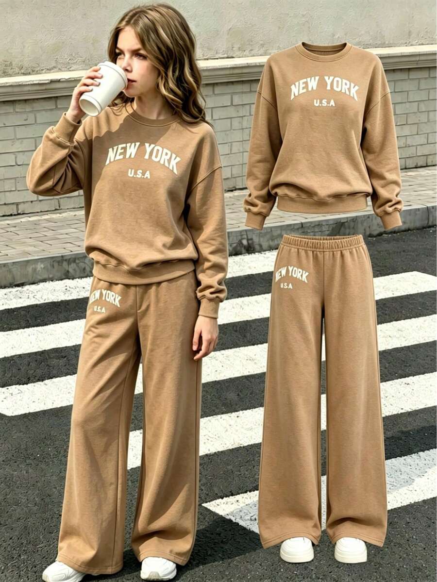 女童綠色秋季開學休閒寬鬆英文字母落肩運動衫與彈性腰長褲運動褲2件套