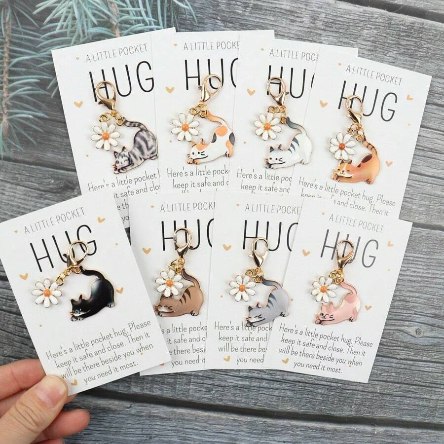 8pcs Cute Cartoon Cat Keychains With Small Pocket Hug Cards, Pet Keychains, Car Key Fobs, Perfect Gift For Animal Cat Lovers, Ideal For Various Occasions, Birthdays, Parties, Gatherings - Multicolor - View 1