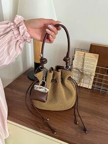 Summer Large Capacity Handbag Casual Hollow Straw Woven Bag Pastoral Artistic Handbag Beach Vacation Sand Bucket Shoulder Bag - Khaki - View 2