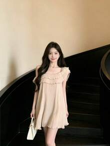 New Summer Collection: Women's Square Neck Frill Pleated Dress In Beige. Elegant And Feminine, Perfect For Dates, Parties, And Weddings. - Apricot (chiffon + Lining) - View 4