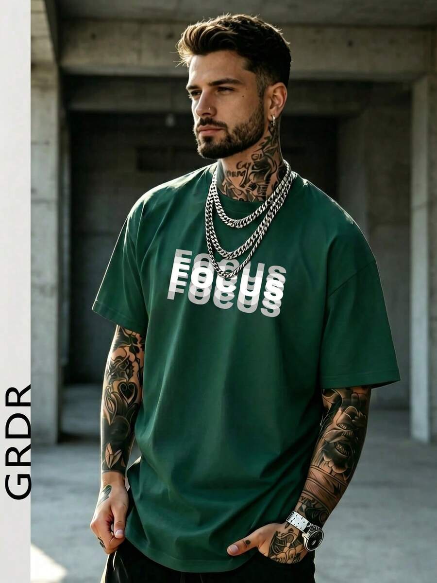 GRDR | 男士復古休閒水洗短袖T恤 | 適合夏季穿著 | 舒適透氣 | 時尚風格 - 墨綠色 - 查看 1