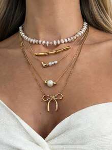 5pcs/Set Collier pendentif nœud style doux et cool Ins, chaîne de clavicule à couches de perles baroques fausses, convient pour les rassemblements de femmes, les banquets, les rendez-vous, les vacances, les cadeaux. - Doré - Voir 9