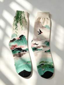 1 Pair Women's & Men's 360° Print AB Socks, Chinese Style Landscape & Swallow Design, Casual Versatile Mid-Calf Socks For Commute And Date - Multicolor - View 5