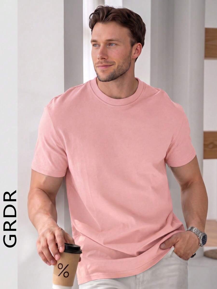 GRDR Men's Retro Minimalist Solid Color Washed Short Sleeve T-Shirt, Suitable For Summer Wear, Comfortable & Breathable, Leading Fashion - Pink - View 1