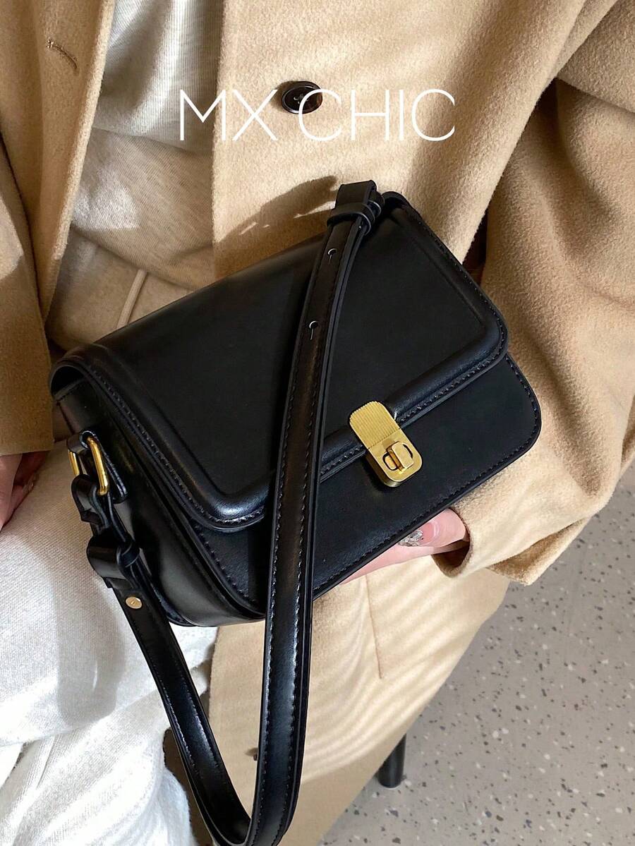 1pc Fashion Solid Color PU Edged Minimalist Shoulder Small Square Bag, Flap Twist Lock Women Handbag, Suitable For Shopping, Gift, Commuting - Black - View 1
