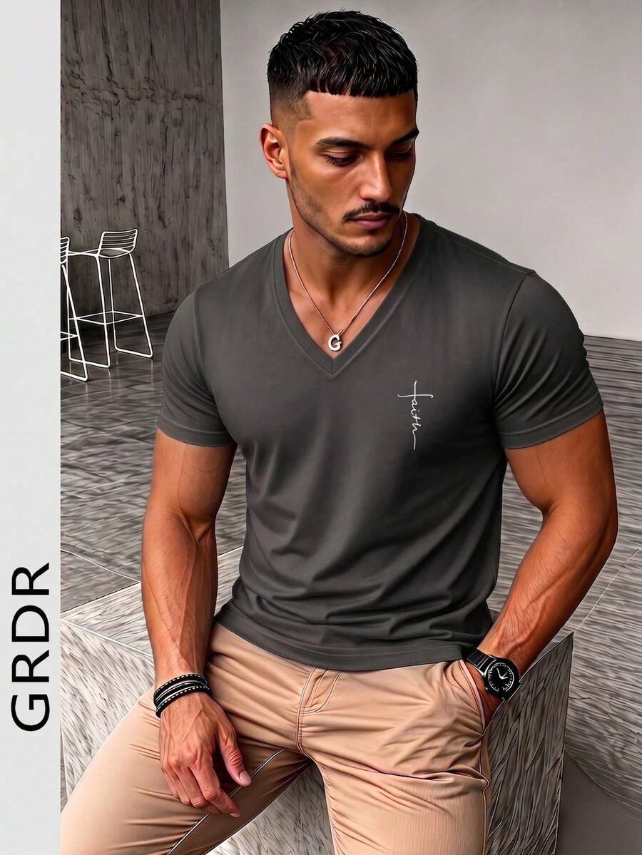 GRDR 男士 V 领短袖衬衫，适合夏季户外休闲穿着