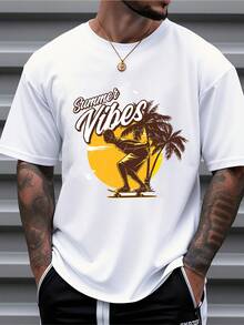 Tricou bărbați din bumbac pur, mânecă scurtă, Summer Vibes, cu imprimeu skateboard și palmier, casual, oversized, alb - alb - Vizualizare 6