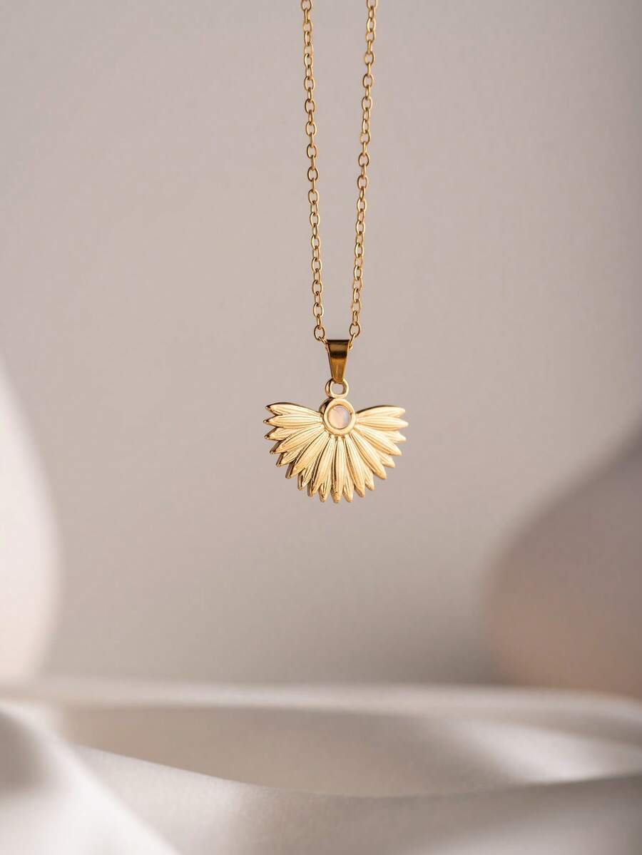1pc French Vintage Stainless Steel 18K Gold Plated Fan-Shaped Sunflower Pendant Necklace With White Stone, Hypoallergenic, Versatile For Daily Wear, Ideal Gift - Gold - View 1