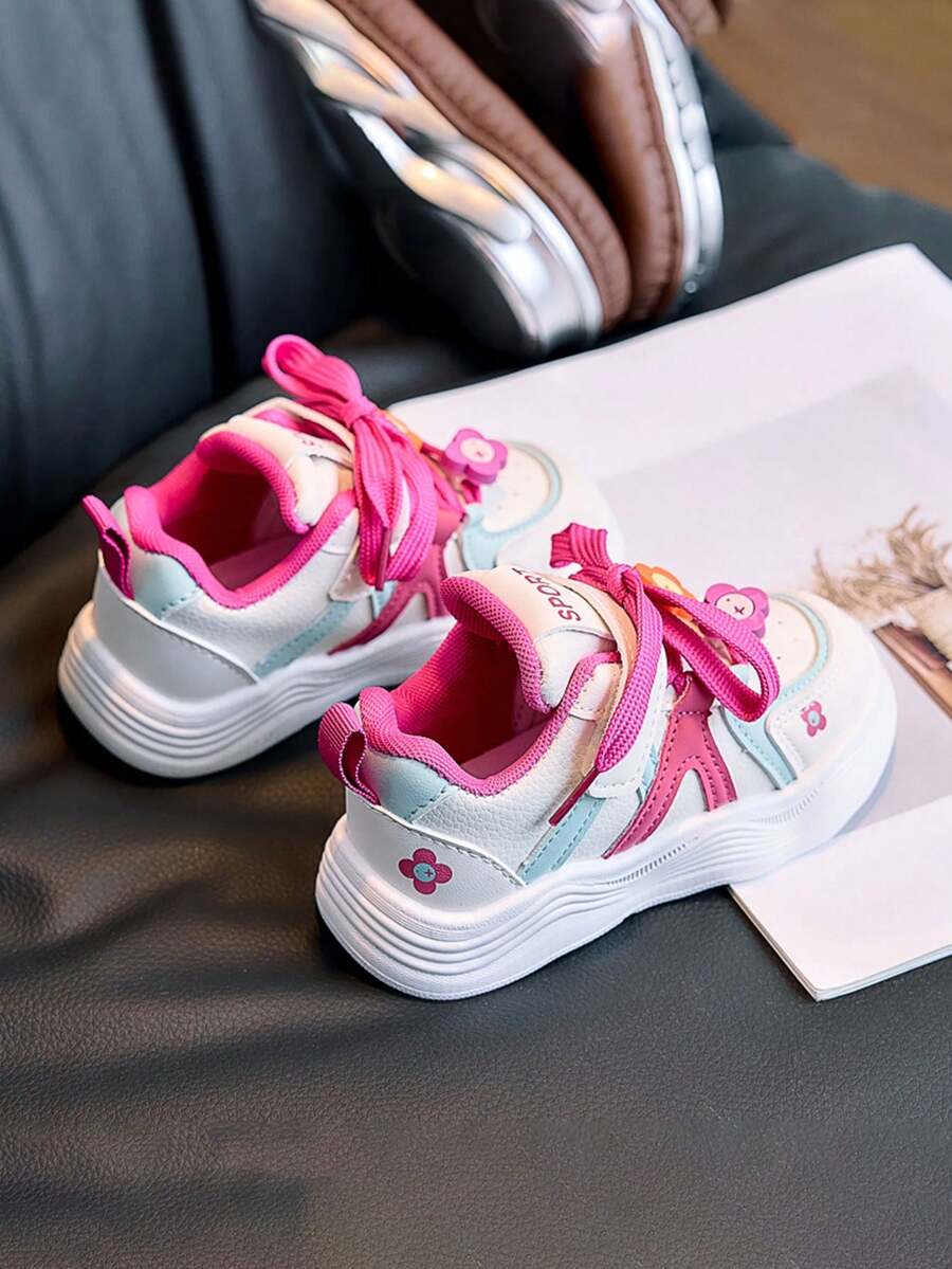 1 Pair White & Pink Colorblock Girls' Floral Decor Sneakers, Sweet Style, Suitable For Daily School And PE Class Training - Hot Pink - View 1