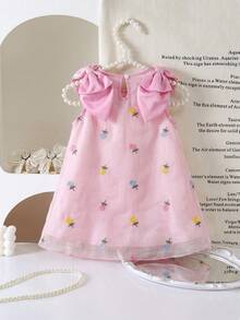 Girls Sweet Cute Mesh Floral Embroidery A-Line Dress With Detachable Bow, Pink Sleeveless Dress For Summer Vacation And Party Wear - Pink - View 3