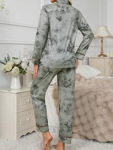 2 件套女士植物印花翻领长袖家居服套装，秋季，两件套 - 青碧色 - 查看 3