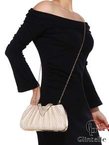 Glamor Vibe Women's Fashion Satin Pleated Box Clutch, Diamond Hardware Flap Design Handbag, Luxurious Exquisite Box Pleated Handbag, Suitable For Weddings, Celebrations, Formal Occasions, Party Clutch/Shoulder Bag, High Quality Apricot Pleated Evening Chain Shoulder/Crossbody Bag - Apricot - View 6