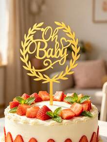 3pcs Gold Mirror Acrylic Oh Baby Cake Toppers, Laurel Wreath Design, Elegant Cursive Lettering With Sticks, Cake Top Decoration, Suitable For Baby Shower, Gender Reveal Party, Celebration Cake Decor - A - View 5