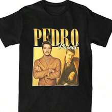 Camisetas de cuello redondo con estampado de collage del actor Pedro Pascal - Negro - Ver 1
