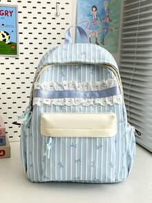 Cute Bow Striped Backpack, Ultra-Light Teen Student School Bag, Women's Casual Daily Commute Backpack, Back To School Season - Multicolor - View 9