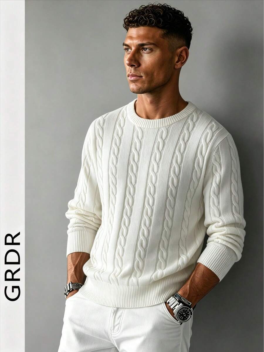 GRDR Herren Lässig Twist Blumenmuster Rundhals Langarm Strickpullover