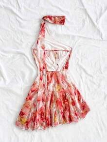 Vestido mini sexy de vacaciones para mujer con estampado floral romántico, tirantes de lazo y volantes en la parte trasera abierta - Multicolor - Ver 3
