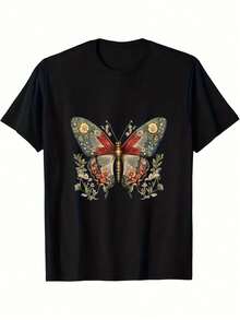 Vibrant Monarch Butterfly Print, Lightweight And Breathable, Short Sleeve, Round Neck, Casual T-Shirt For Everyday Wear, Outdoor Sports, Spring/Summer/Autumn, Sizes XL - 5XL - 黑色 27 - 查看 1