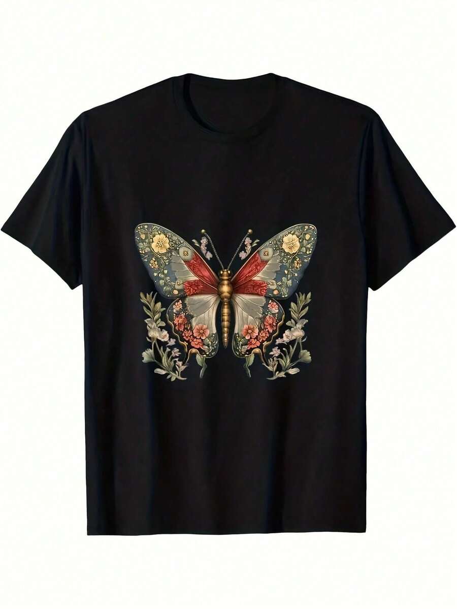 Vibrant Monarch Butterfly Print, Lightweight And Breathable, Short Sleeve, Round Neck, Casual T-Shirt For Everyday Wear, Outdoor Sports, Spring/Summer/Autumn, Sizes XL - 5XL - 黑色 27 - 查看 1