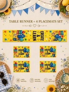 1 pieza - Juego de camino de mesa y manteles individuales de vuelta al colegio, decoración de mesa de lino amarillo Create & Learn con mochila, libros, pintura, lápices y manzana para fiesta temática de estudio para niños, aula y comedor de cocina - Multicolor - Ver 13