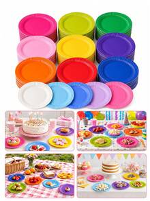 4-100Pcs Colorful 7 Inch Reusable Paper Plates, Dessert Cake Plates, Suitable For Birthday Party, Baby Shower, Baby Shower, Outdoor Picnic And Party Supplies - Multicolor - View 2