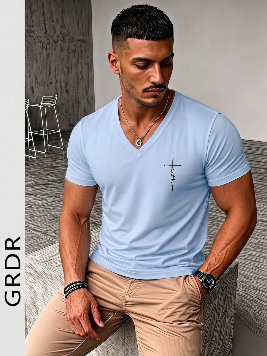 GRDR 男士 V 领短袖衬衫，适合夏季户外休闲穿着