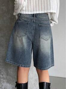 Teenager Mädchen Tasche Knopf Lässig Vielseitig Alltag Reise Denim Shorts - Mittele Waschung - Übersicht 2