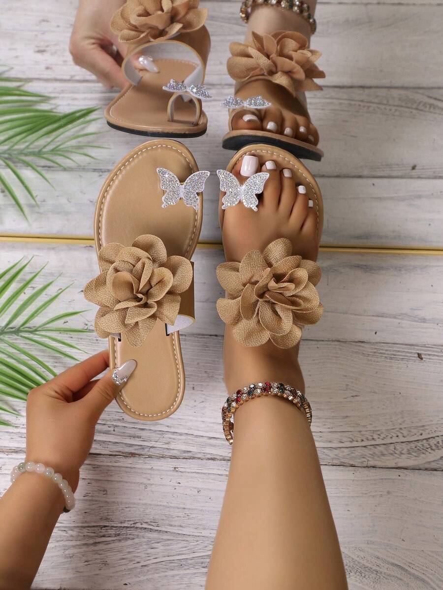 1 Pair Khaki Women's Summer Floral & Rhinestone Butterfly Decor Toe Loop Flat Slide Sandals, Stylish Open Toe Casual Slippers - Khaki - View 1