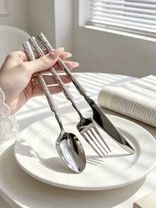 5pcs/15pcs/30pcs Stainless Steel Cutlery Set Steak Knife Fork Spoon Suitable For Kitchen Restaurant Wedding Party Holiday Gift - Silver - View 4
