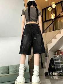 YCYC 美式復古牛仔 5 吋女款短褲 街頭直筒寬鬆顯瘦寬腿褲 - 黑色 - 查看 5