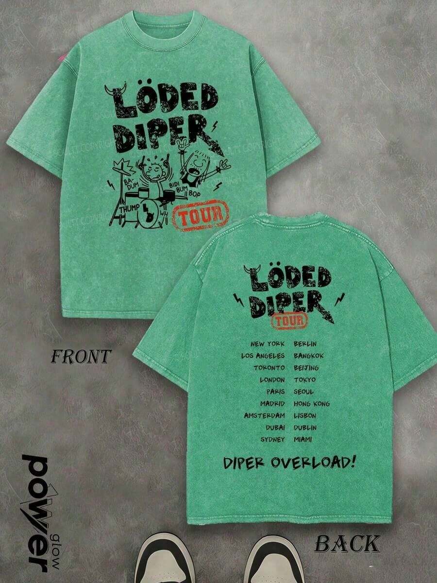 Soft Casual Cotton Loded Diper World Tour Double-Sided Print Unisex Crewneck Short Sleeve T-Shirt, Loose Summer Rock Graphic Tee For Men And Women - 薄荷綠 - 查看 1