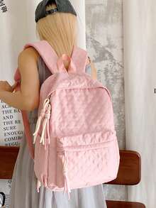 1 pieza Mochila acolchada de nylon de gran capacidad para mujer, decoración de borlas, mochila preppy casual minimalista, adecuada para estudiantes, escuela, regreso a clases, compras, uso diario - Multicolor - Ver 3