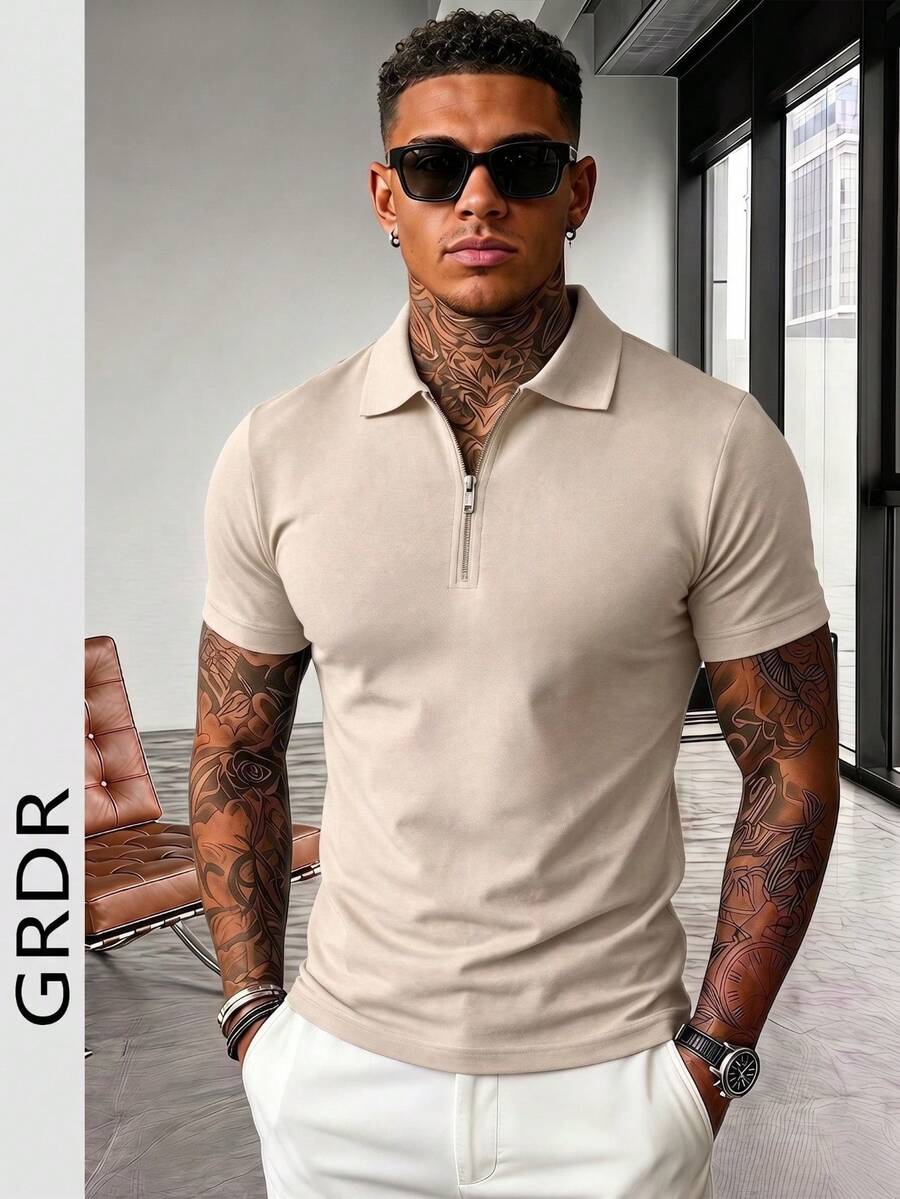 GRDR Men's Solid Color Short Sleeve Zipper Design Casual Versatile T-Shirt