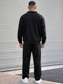 Men's 2-Piece Set: Collared Half-Zip Drop Shoulder Long Sleeve Sweatshirt & Drawstring Long Sweatpants, Casual Commute Fashion - Black - View 2