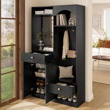 Black 100 Cm Entryway Hall Tree In MDF With Mirror, Hooks And Bench - Black - View 3