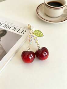 1pc Cherry Keychain, Bright Red Cherry Pendant With Beads And Leaves, Fashionable Women's Bag Charm, Suitable For Keys And Backpacks - Multicolor - View 3