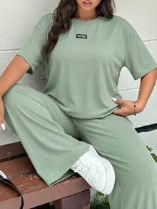 EIN  Conjunto de camiseta holgada de manga caída con estampado de leopardo y pantalones de pierna ancha para mujer talla grande, adecuado para primavera/verano, vacaciones y uso diario - verde menta - Ver 1