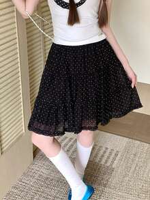 春/夏新款溫柔風波點休閒拼接A字裙，女款，隨機布料剪裁，黑色度假風，附荷葉邊裙襬 - 黑色 - 查看 3