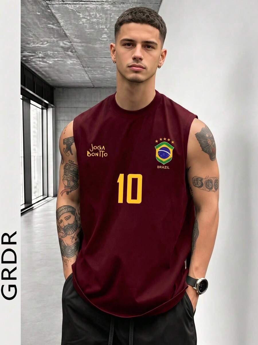 GRDR Minimalist Stylish Sports Print Summer Men's Casual Loose Fit Versatile Round Neck Tank Top - Burgundy - View 1
